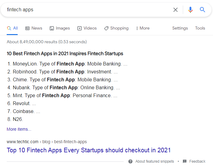 featured snippet فهرست وار